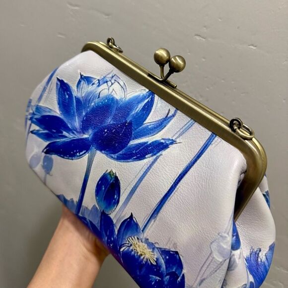 Vintage Style Handmade Cowhide Leather Lotus Print Kisslock Purse, Multi Use Bag - Picture 11 of 13